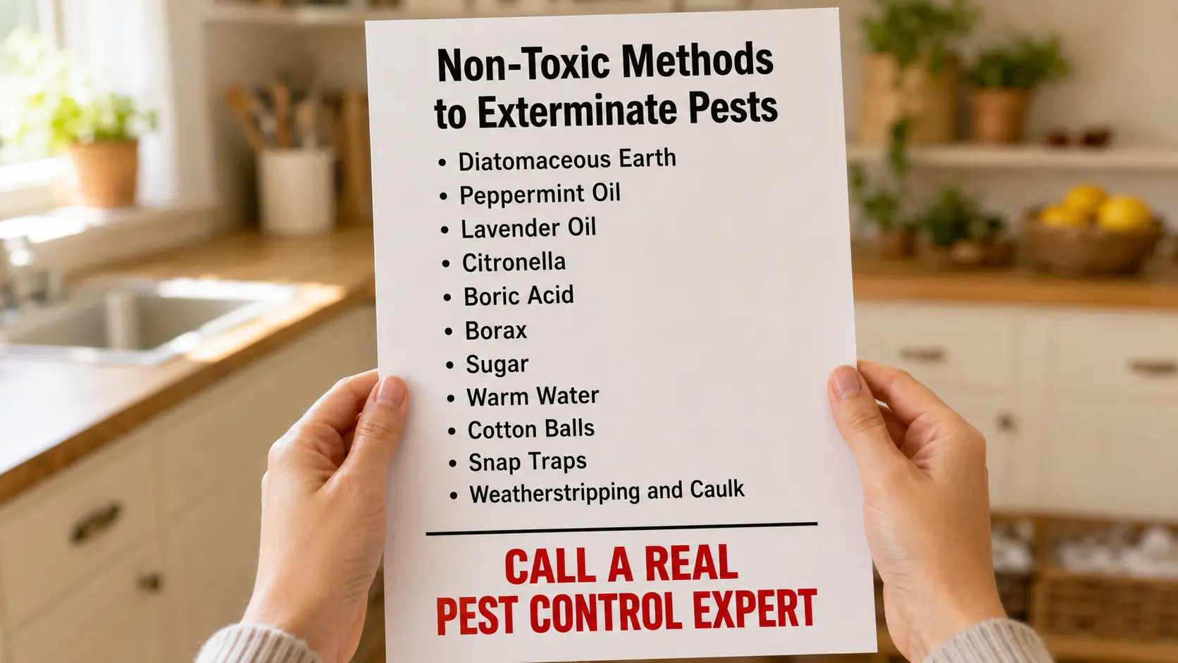 Person holding a checklist of non-toxic pest control methods in a kitchen, featuring natural pest remedies like diatomaceous earth, peppermint oil, citronella, boric acid, and weatherstripping, with a call to contact a professional pest control expert.
